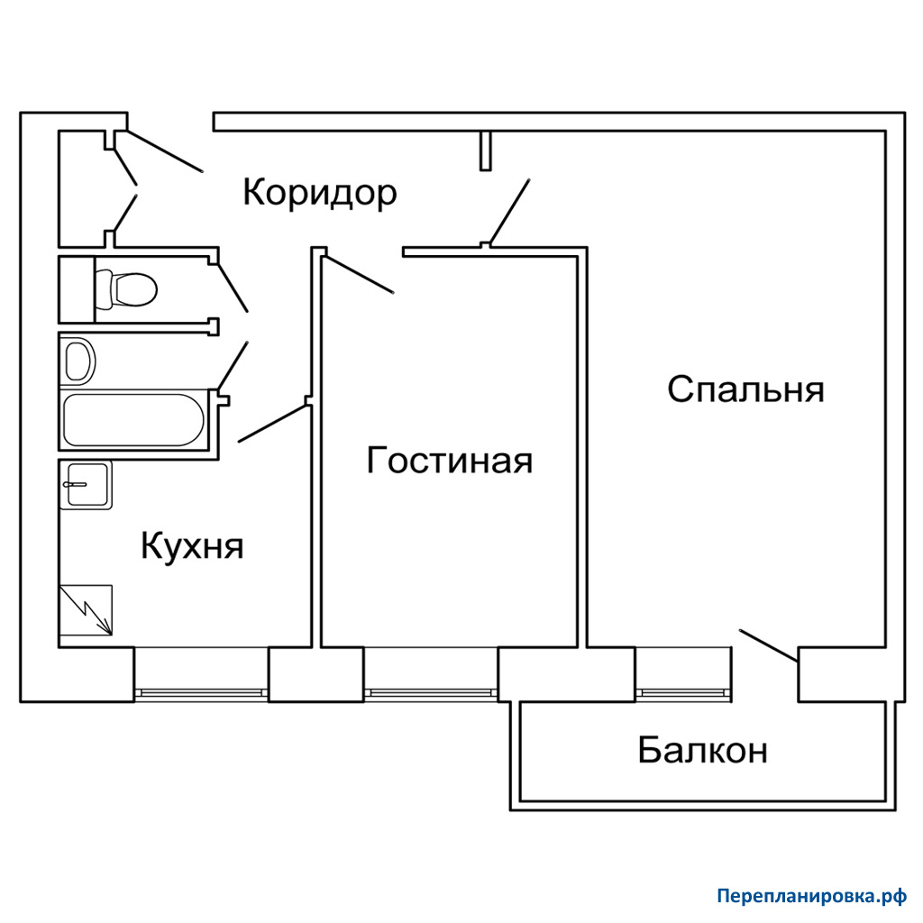 планировка двухкомнатной квартиры 1-515/9м (вариант №2)