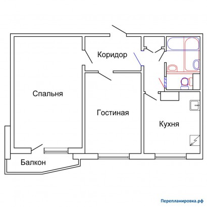 проект перепланировка двухкомнатной квартиры (вариант №2) п-44