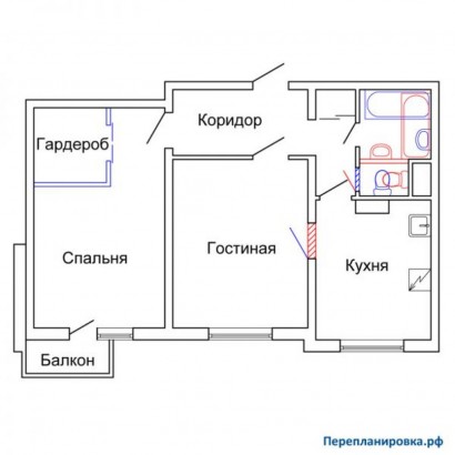 проект перепланировка двухкомнатной квартиры (вариант №2) п-3