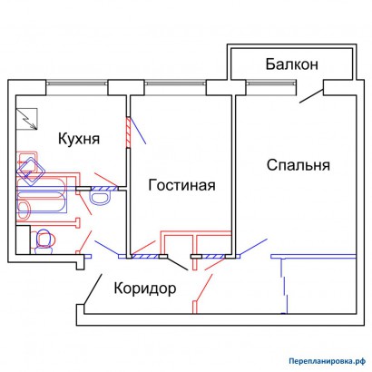 проект перепланировка двухкомнатной квартиры 1-515/9м