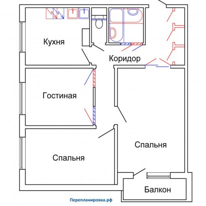 проект перепланировка трехкомнатной квартиры п-43